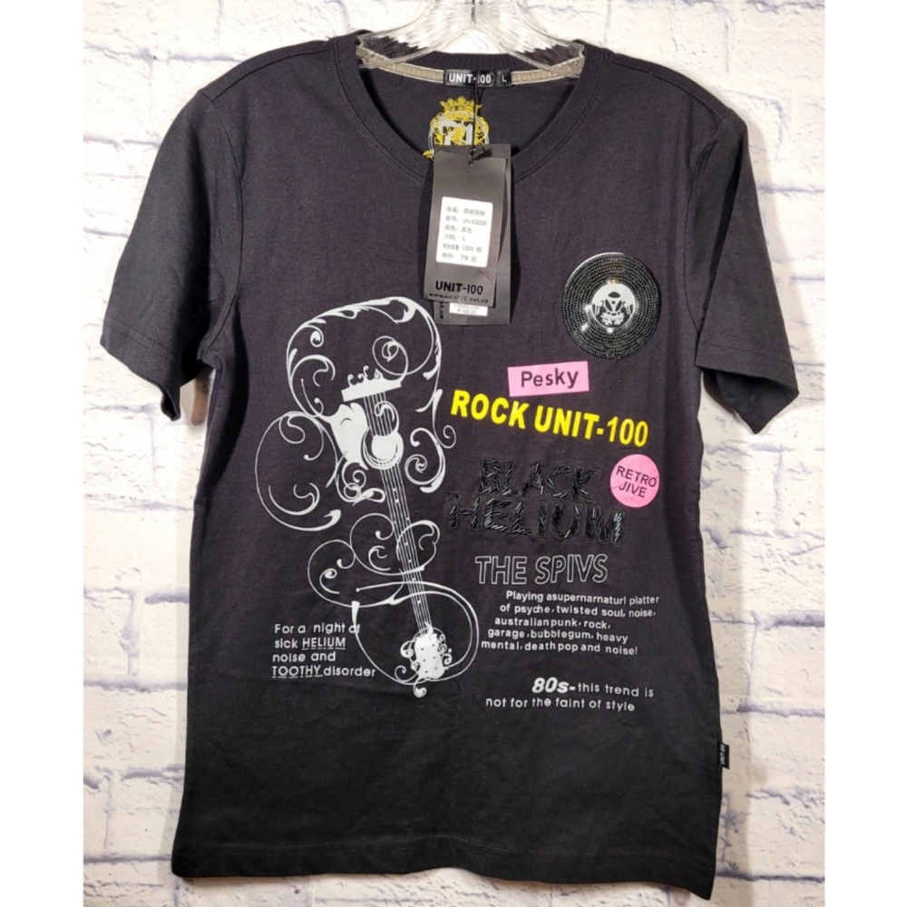 Unit 100 Mens Rock Graphic T-shirt Black Size L Runs Small Skaterboy Punk Edgy